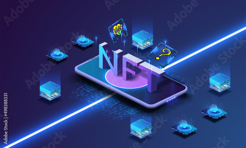 A mobile phone with an app for buying NET pictures, neon psychedelic character. NFT token in blockchain. NFT is an irreplaceable token, cryptographic art on the background of the phone. Page Template