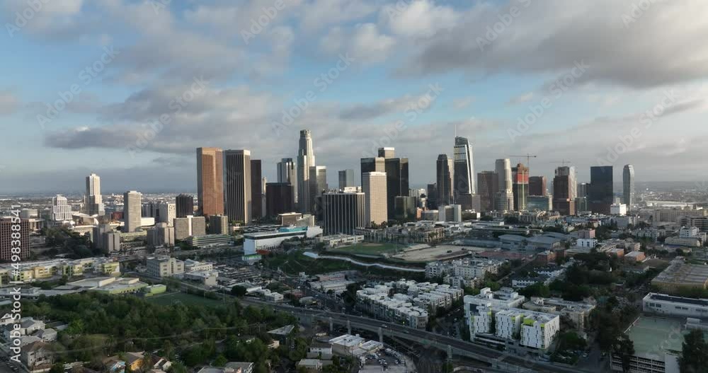 Los Angels downtown skyline. Filmed by drone, aerial view. Los Angels downtown skyline. Filmed by drone, aerial view.