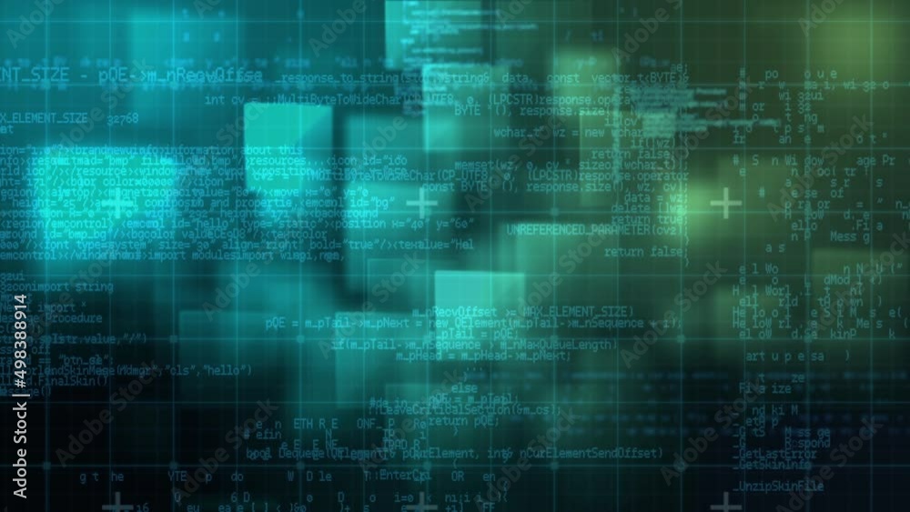 Animation of digital data processing over screens and grid background Animation of digital data processing over screens and grid background