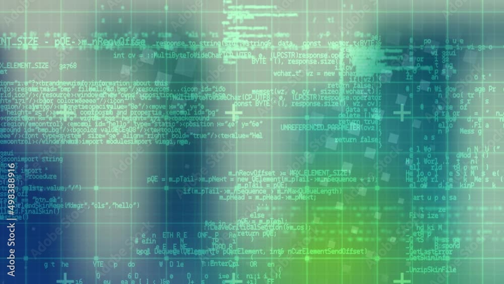 Animation of digital data processing over screens and grid background Animation of digital data processing over screens and grid background