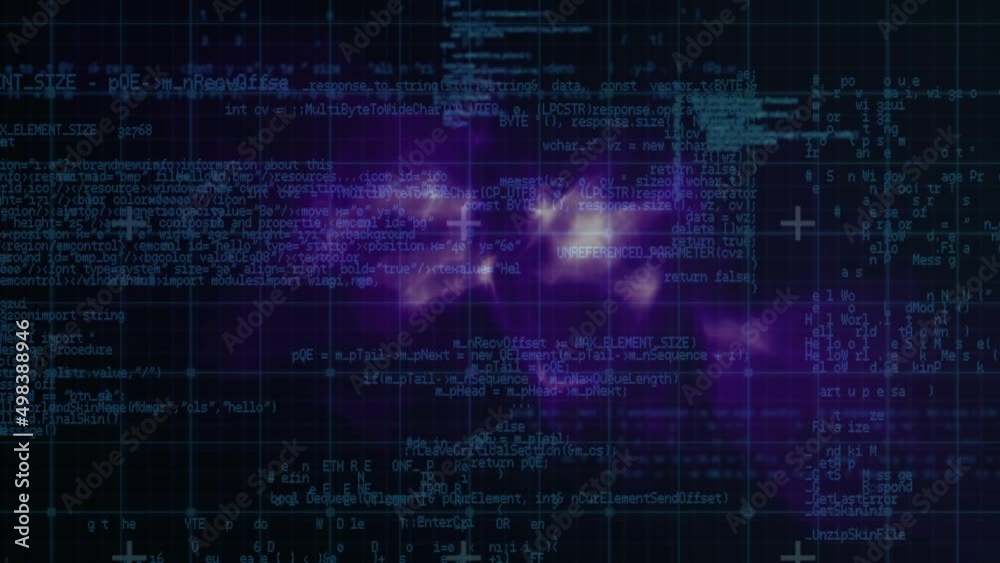 Animation of digital data processing over purple clouds and grid background Animation of digital data processing over purple clouds and grid background