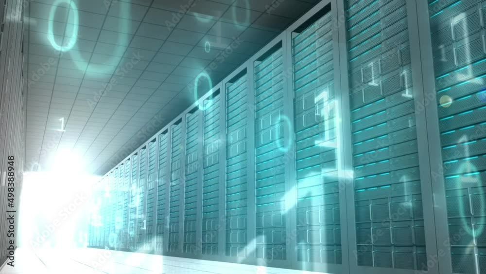 Animation of binary coding, digital data processing over computer servers on blue background Animation of binary coding, digital data processing over computer servers on blue background