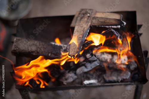 Firewood is burning. Burning dry branches. Creating coal. Picnic details.