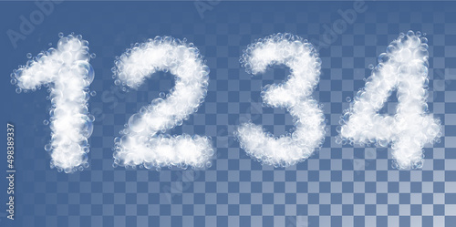 Set of 1, 2, 3, 4 numbers made out of soap foam and bubbles. Vector