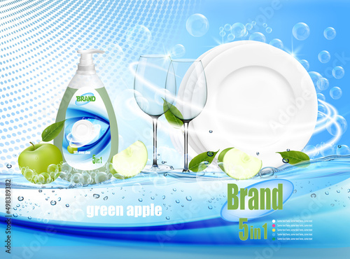 Stack of clean plates, two glasses  in soap foam and bubblies and cleanser dispenser with a green apple aroma. Realistic dishware  for dishwashing detergent advertising design. Vector