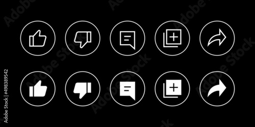 Like, Dislike, Comment, Save, and Share Icon. Button Set Collection of Video Streaming App