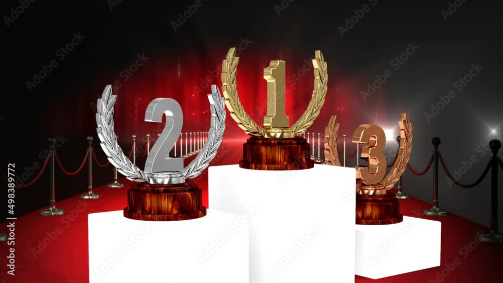 Animation of first, second and third place award trophies at winners ...