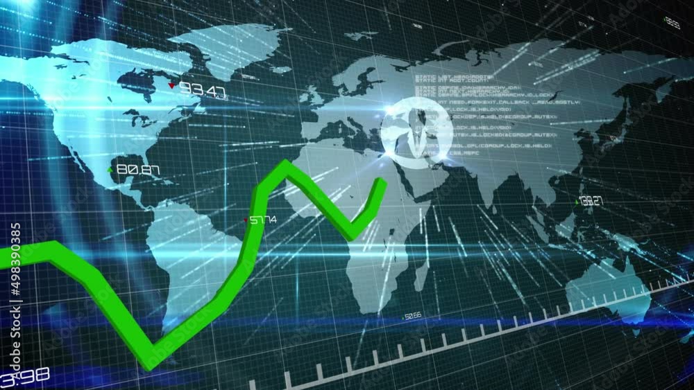 Animation of green line and data processing over network of connections and world map Animation of green line and data processing over network of connections and world map