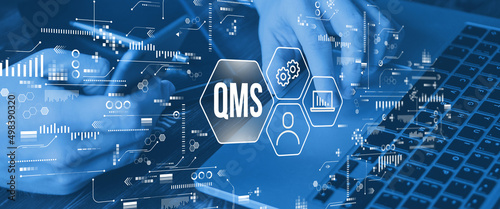 Acronym QMS or Quality Management System. Abstract scheme with text and icons