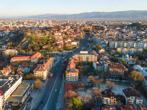 Aerial view of Maritsa river and panorama to City of Plovdiv  Bulgaria