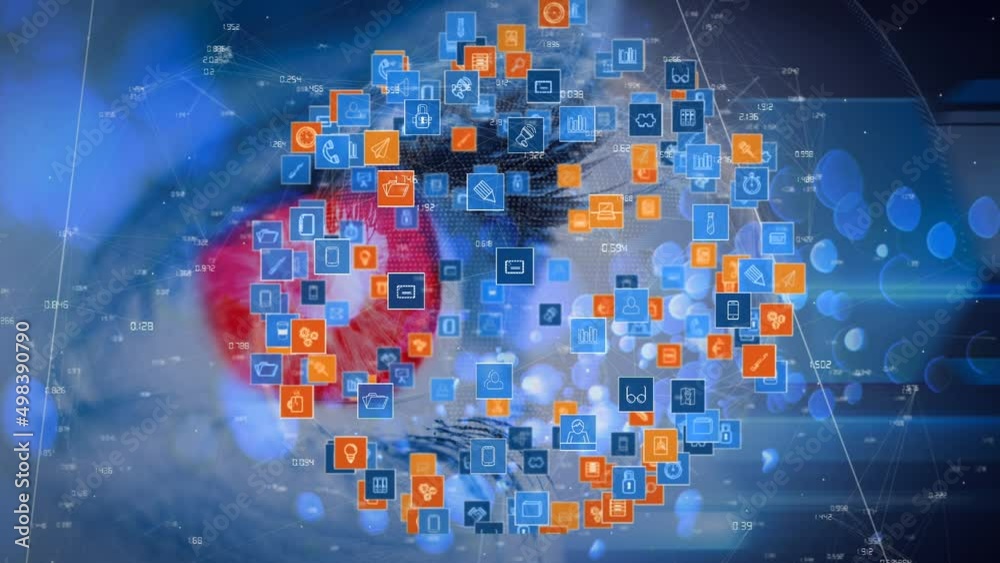 Animation of globe of network of connections with icons over woman's eye Animation of globe of network of connections with icons over woman's eye