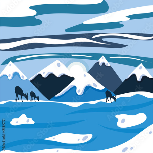 Beautiful light blue winter landscape with hills and reindeers Vector © Rosustock