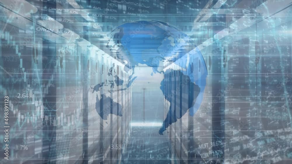 Animation of diverse financial data, graphs and globe over servers Animation of diverse financial data, graphs and globe over servers