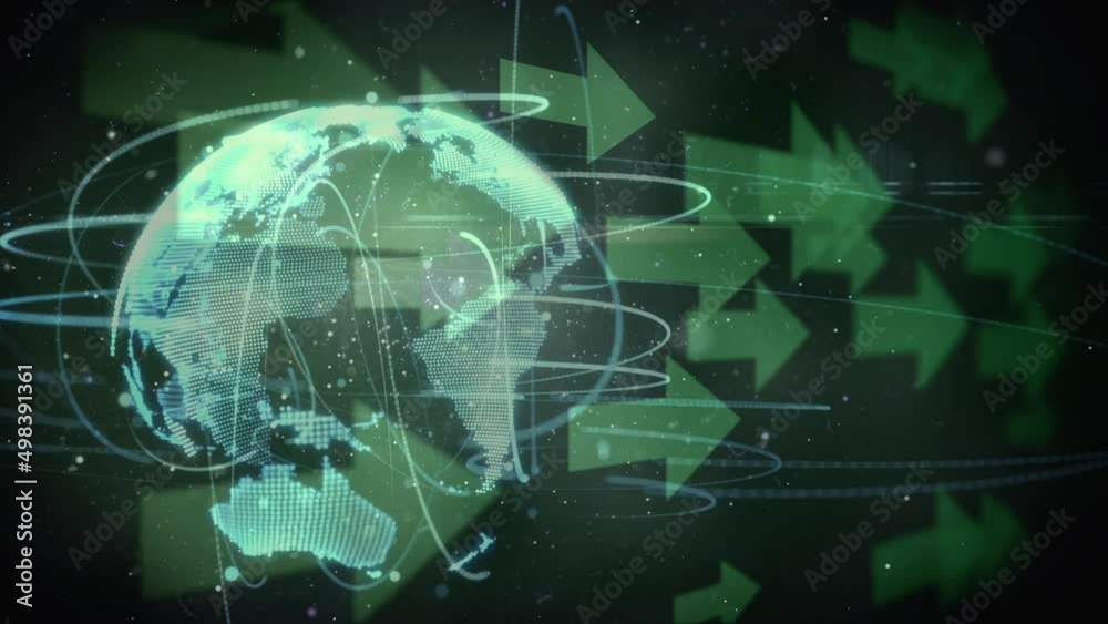 Animation of arrows, lights and globe rotating in green space Animation of arrows, lights and globe rotating in green space