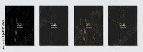 Set of stylish cover designs. Collection of vertical templates. Grunge golden marble texture. Geometric black backgrounds. Topical design solution for brochure, catalogue, book, poster, flyer, invitat