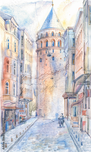 14th century Galata tower and old street in Istanbul, watercolor drawing. Historical tourist attraction of the capital of Turkey. photo