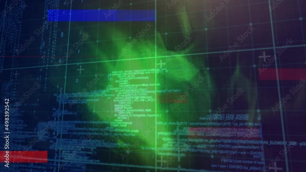 Animation of green shapes over data processing on black background Animation of green shapes over data processing on black background
