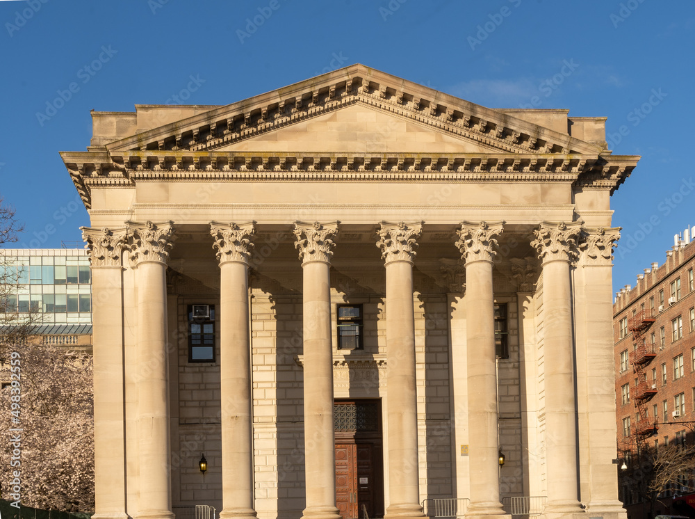 Staten Island, NY - USA - April 10, 2022: Horizontal view of the neoclassical style Richmond County Courthouse, a 1919 municipal courthouse in the civic center of St. George on Staten Island.