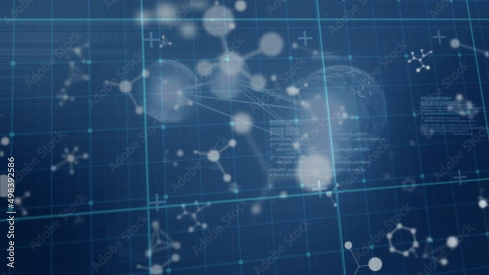 Animation of molecules over data processing on black background Animation of molecules over data processing on black background