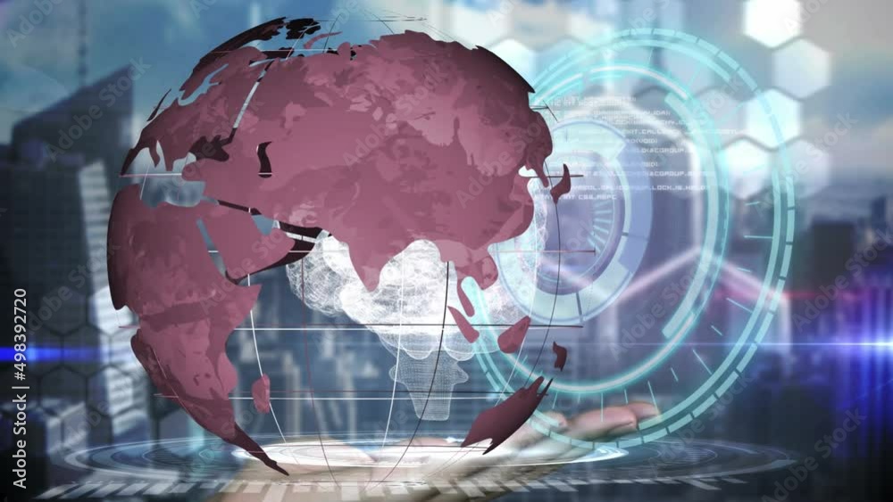 Animation of scope scanning, globe and hand holding digital brain over cityscape Animation of scope scanning, globe and hand holding digital brain over cityscape