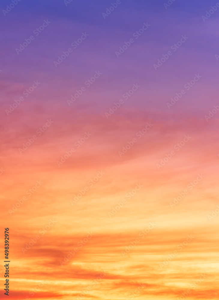 Colorful sunset sky vertical in the evening with orange, yellow and purple sunlight clouds