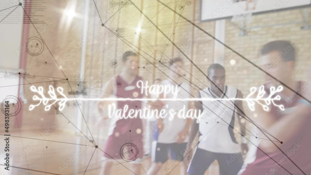 Animation of happy valentine's day text and data processing over diverse group of basketball players Animation of happy valentine's day text and data processing over diverse group of basketball players