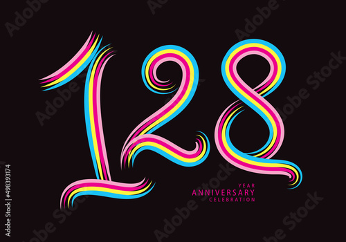 128 years anniversary celebration logotype colorful line vector, 128th birthday logo, 128 number, Banner template, vector design template elements for invitation card and poster.