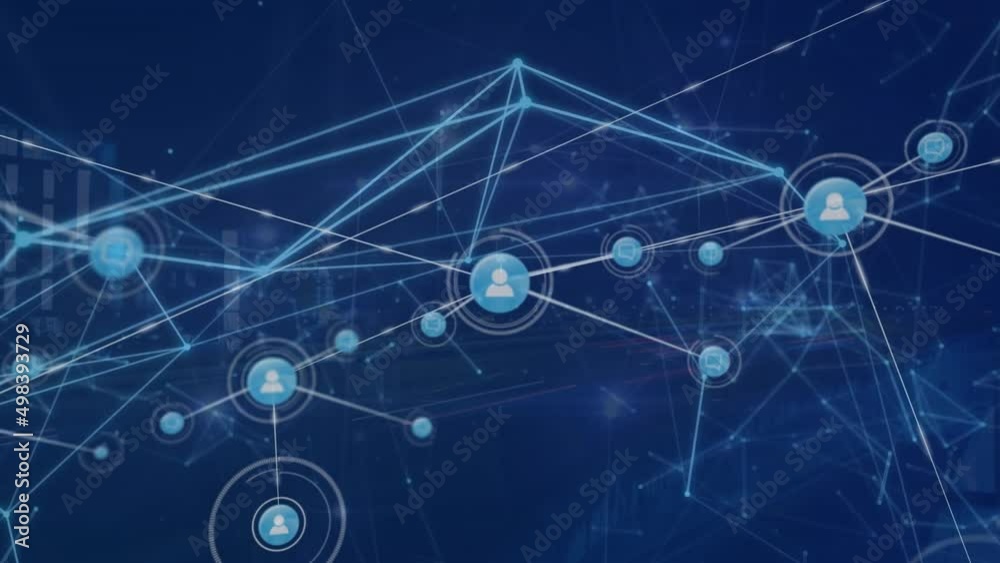 Animation of network of connections with icons over cityscape