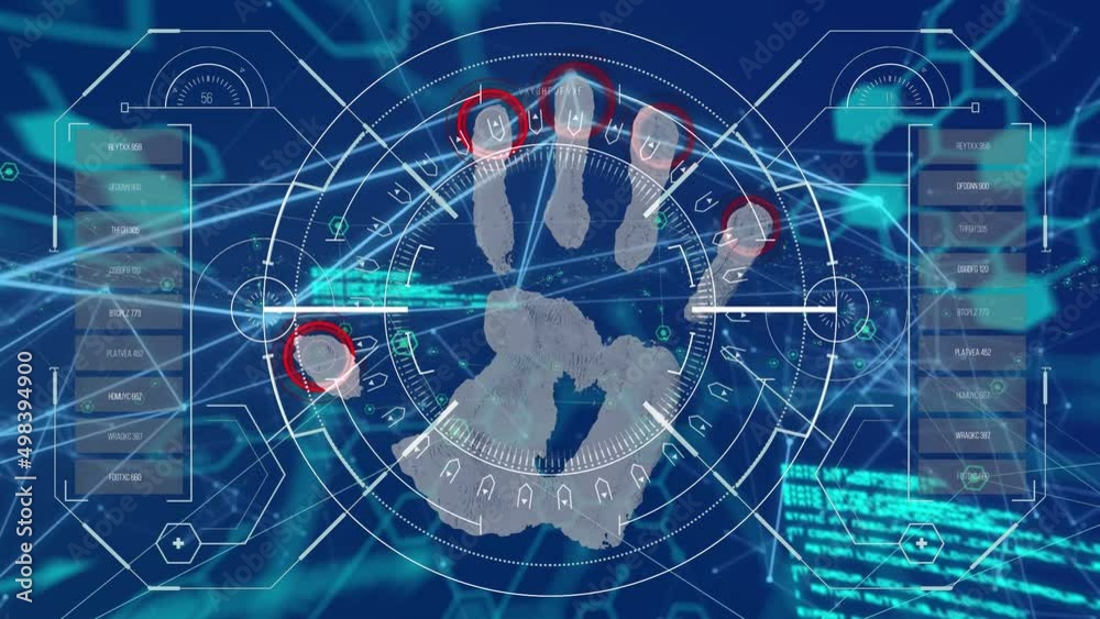 Animation of hand bionic security system over data processing in blue and green space