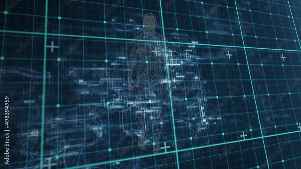 Animation of walking human model over checked dark blue space Animation of walking human model over checked dark blue space
