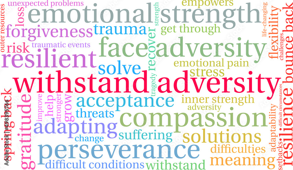 Withstand Adversity Word Cloud on a white background. Withstand Adversity Word Cloud on a white background.