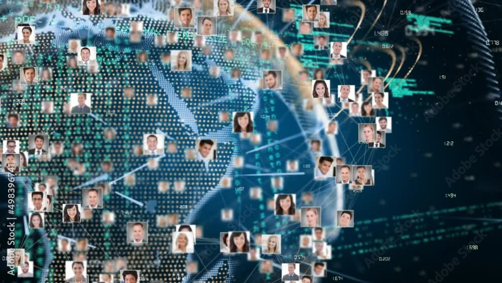 Animation of globe with network of connections and people's photos Animation of globe with network of connections and people's photos