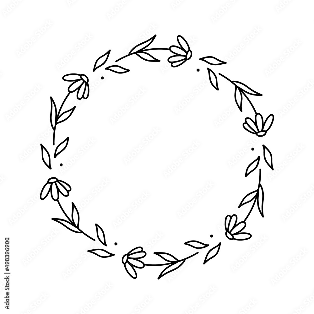 Set of spring floral wreaths isolated on white background. Round frames with flowers. Vector hand-drawn illustration in doodle style. Perfect for cards, invitations, decorations, logo, various designs
