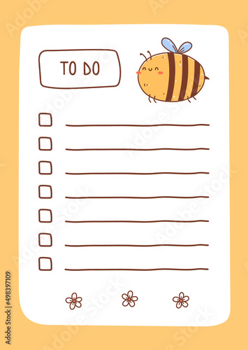 To do list template decorated by kawaii bee and flowers. Cute design of schedule, daily planner or checklist. Vector hand-drawn illustration. Perfect for planning, notes and self-organization.