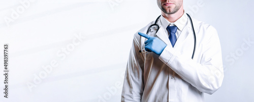 Medical gesture hands medical background. Happy nurse in blue gloves, hospital uniform, stethoscope isolated on white. Health care, insurance and help concept.