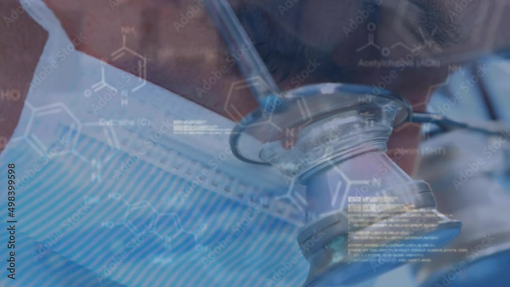 Animation of chemical formulas over head of biracial female lab technician looking into microscope Animation of chemical formulas over head of biracial female lab technician looking into microscope