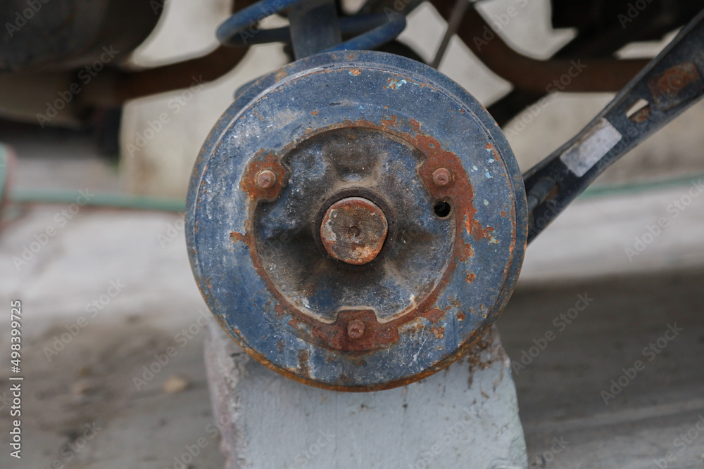 dirty and rusted brake drum 