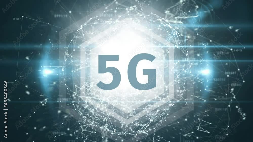 Animation of red shapes over network of connections and 5g in digital black space with lights Animation of red shapes over network of connections and 5g in digital black space with lights