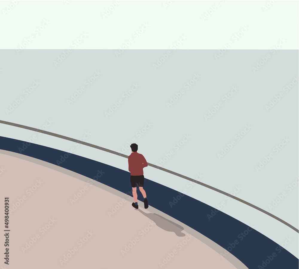 Man jogging , exercising in urban surroundings near the river in the morning. Training outdoor in a park near the river or lake. Vector illustration. Man jogging , exercising in urban surroundings near the river in the morning. Training outdoor in a park near the river or lake. Vector illustration.
