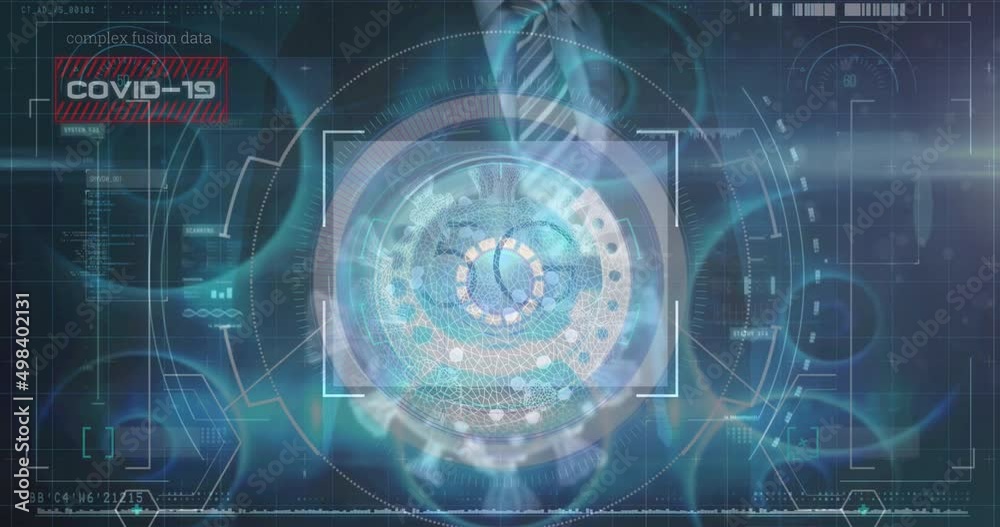 Animation of scope scanning and virus cell over caucasian businessman and data processing Animation of scope scanning and virus cell over caucasian businessman and data processing