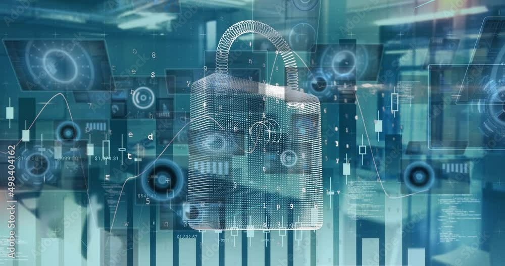 Animation of data processing and padlock over office Animation of data processing and padlock over office