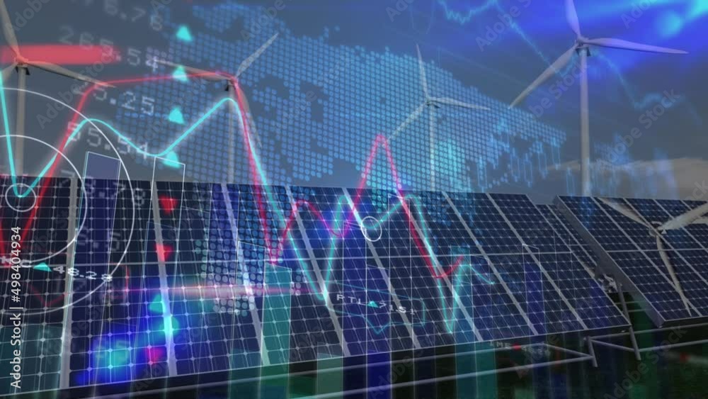 Animation of diverse financial data over solar panels and wind turbines Animation of diverse financial data over solar panels and wind turbines