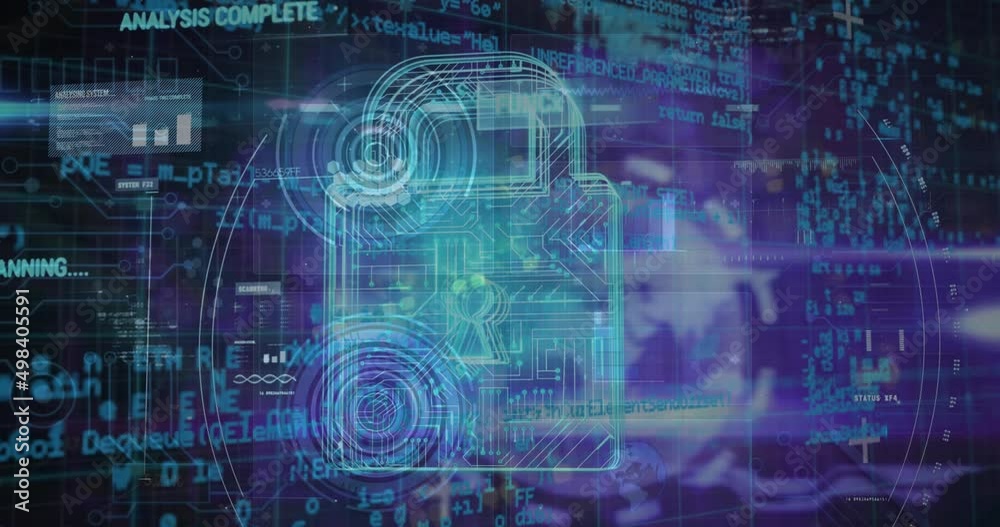 Animation of data processing, online security padlock and circuit board Animation of data processing, online security padlock and circuit board