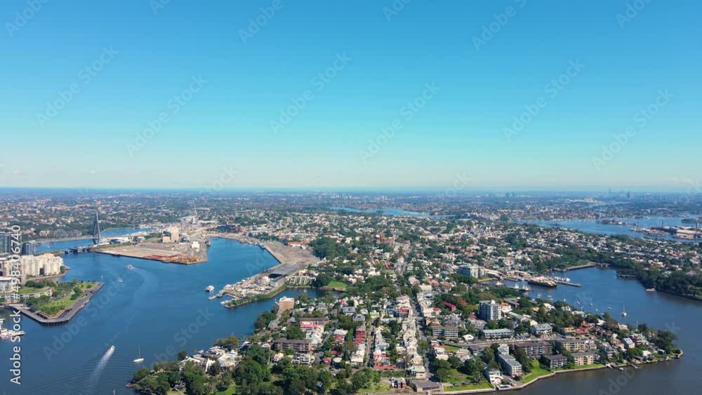 Aerial drone view looking west of Sydney City toward Balmain East on Sydney Harbour on a sunny day Aerial drone view looking west of Sydney City toward Balmain East on Sydney Harbour on a sunny day
