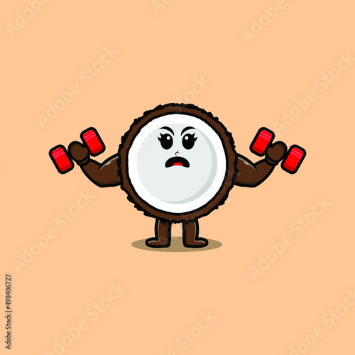 Cute cartoon Coconut character is fitness with barbell in modern style design 
