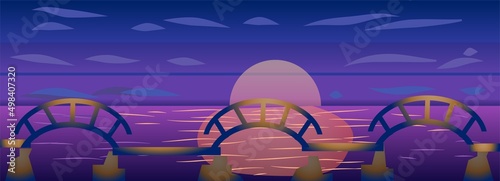 Bridge on Sunset Beach Landscape Game Background Vector Illustration
