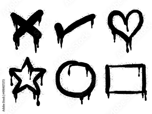 collection of Spray painted graffiti check mark, heart, star, circle and rectangle sign in black over white. design element drip symbol.  isolated on white background. vector illustration
