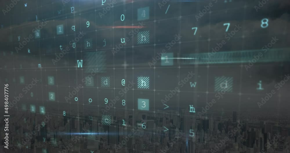 Animation of cyber attack warning over cityscape Animation of cyber attack warning over cityscape