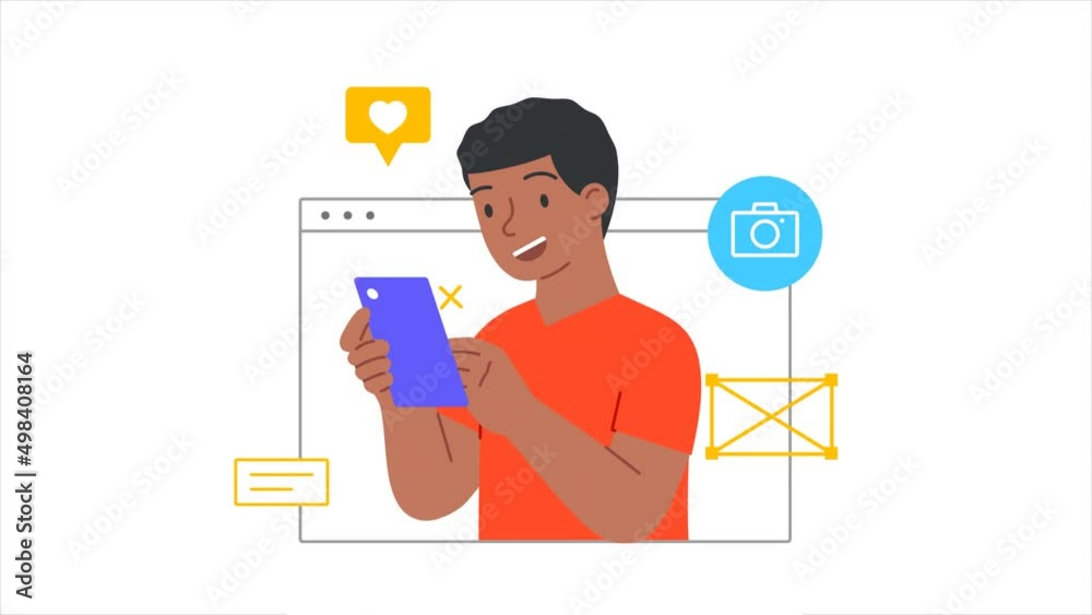 Video call or online communication concept. Young moving man looks out of digital window, communicates with friends remotely and looks at photos on smartphone. Graphic animated cartoon in doodle style Video call or online communication concept. Young moving man looks out of digital window, communicates with friends remotely and looks at photos on smartphone. Graphic animated cartoon in doodle style