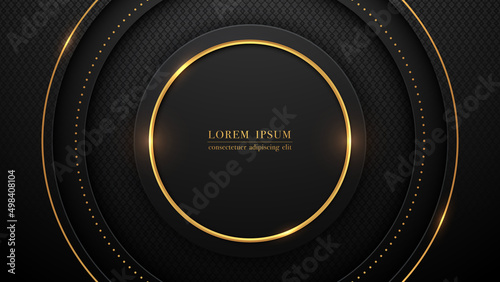 Luxury gold rings and overlapping squares design on abstract geometric black background. Vector illustration